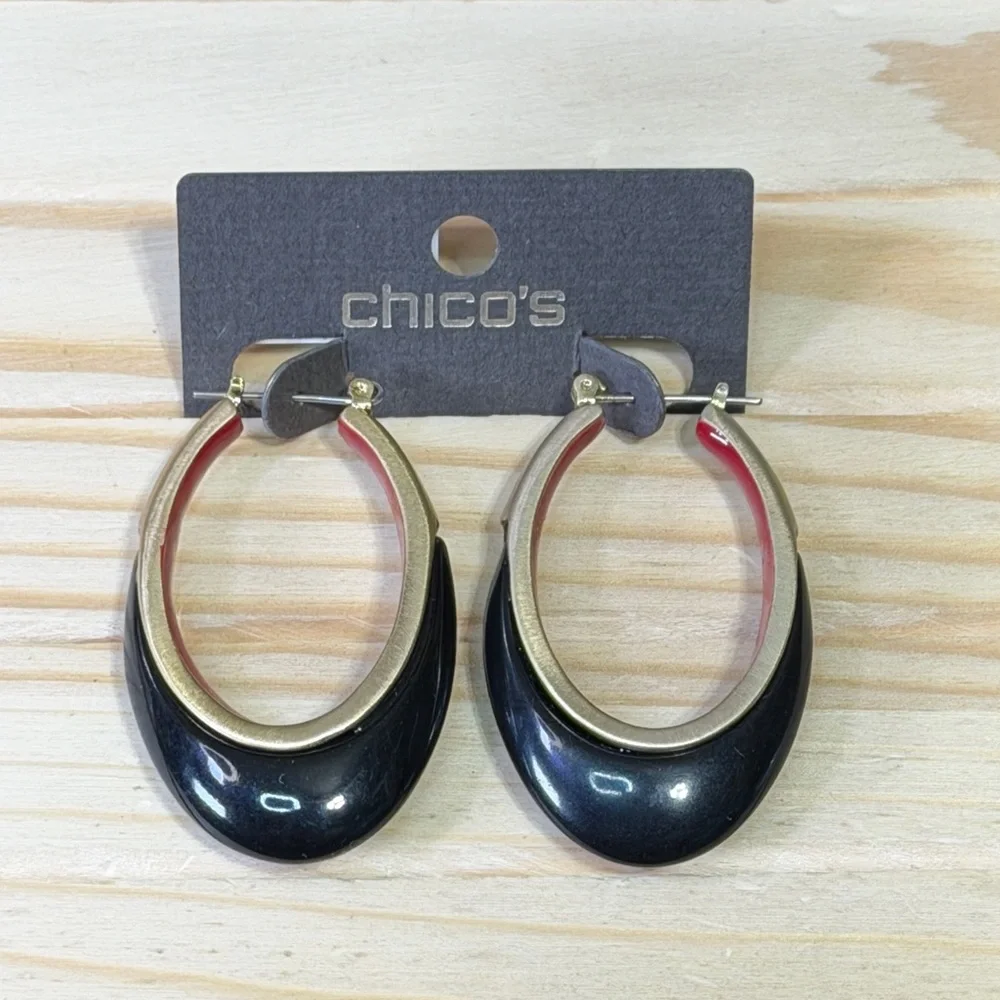 Chico's Elegant Black and Gold Hoop Earrings